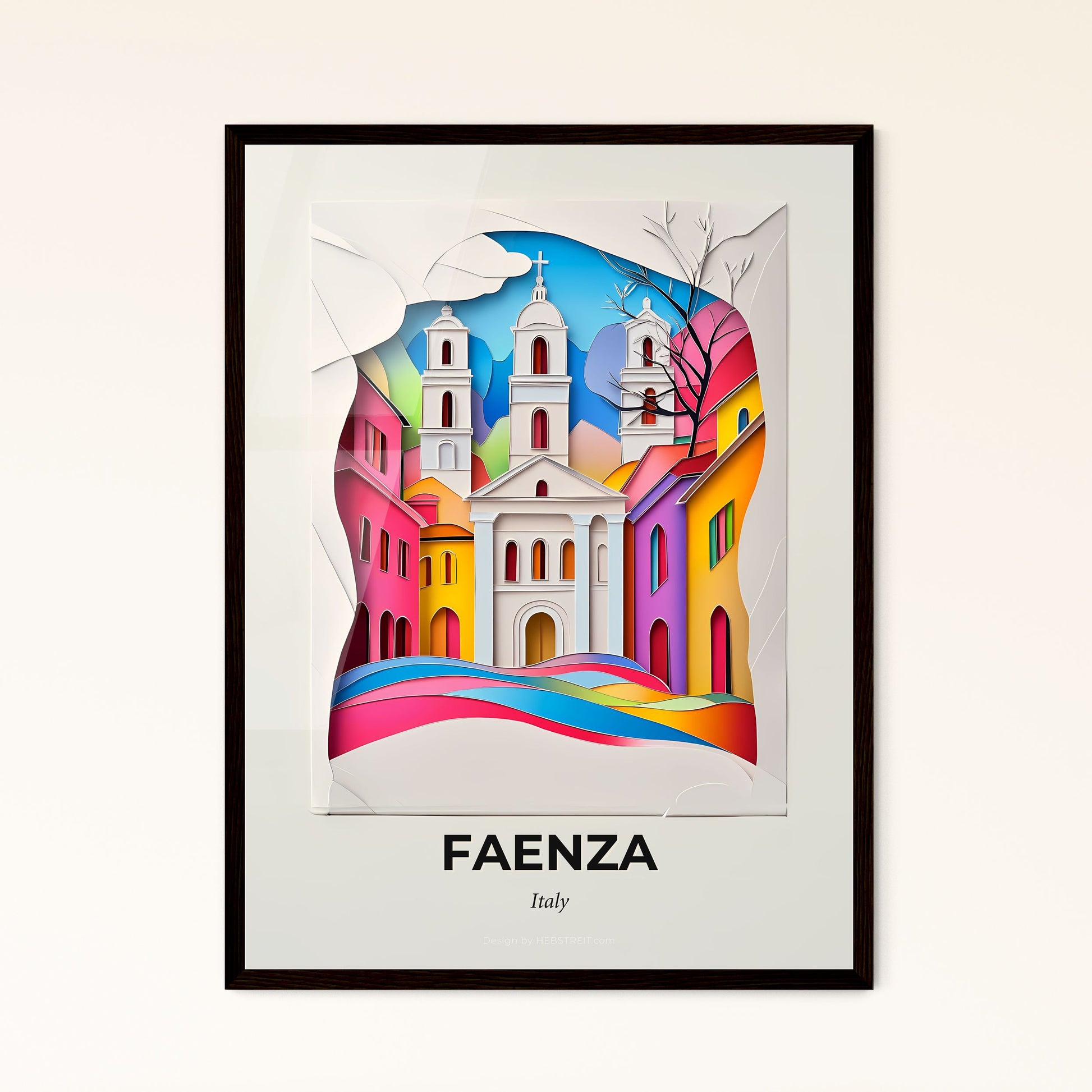 Vivid Faenza, Italy - a paper cut of a church with a rainbow colored river