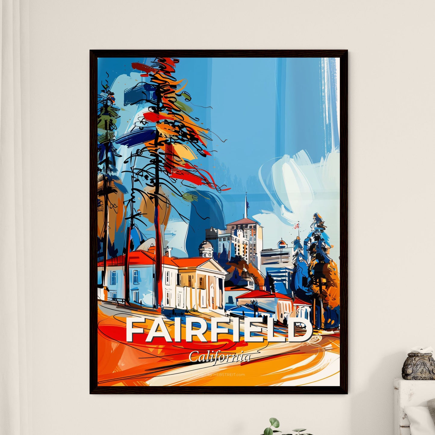 Vibrant Fairfield, California - A Painting Of A Town With Buildings And Trees