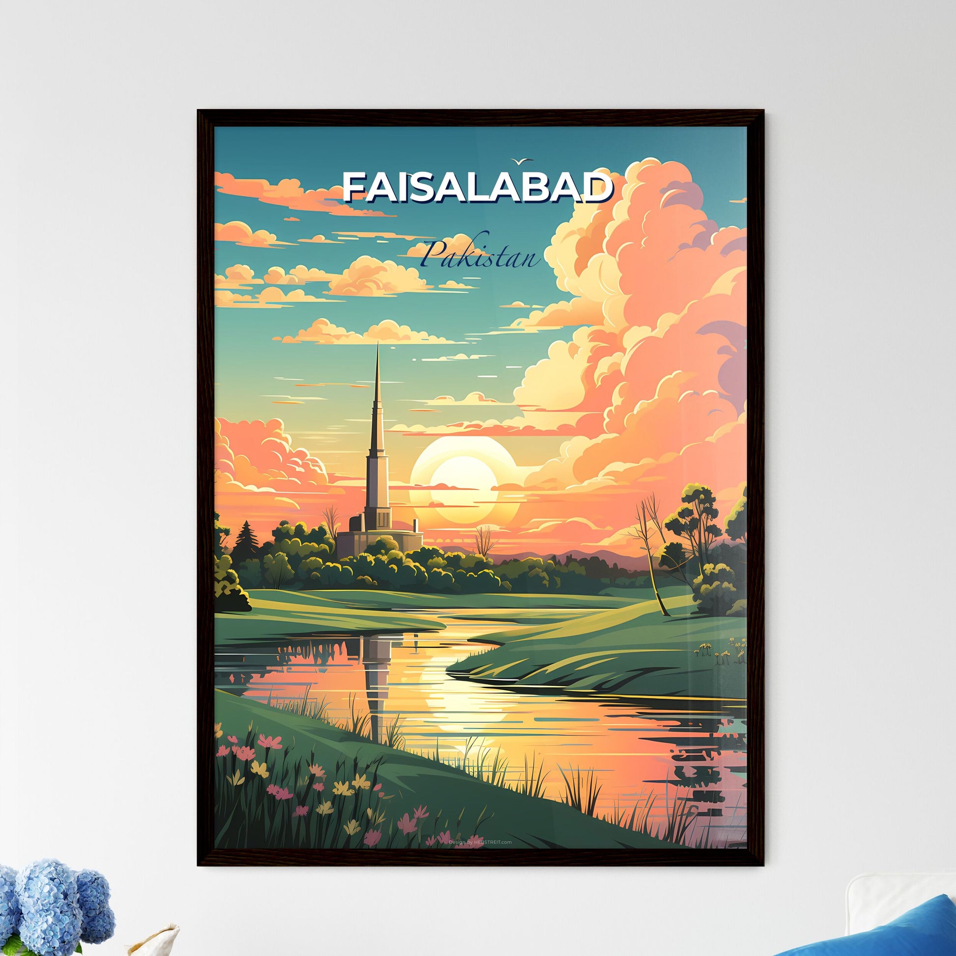 Vibrant Artistic Skyline Painting of Faisalabad Pakistan Featuring a River Tower Trees and Sunset Default Title