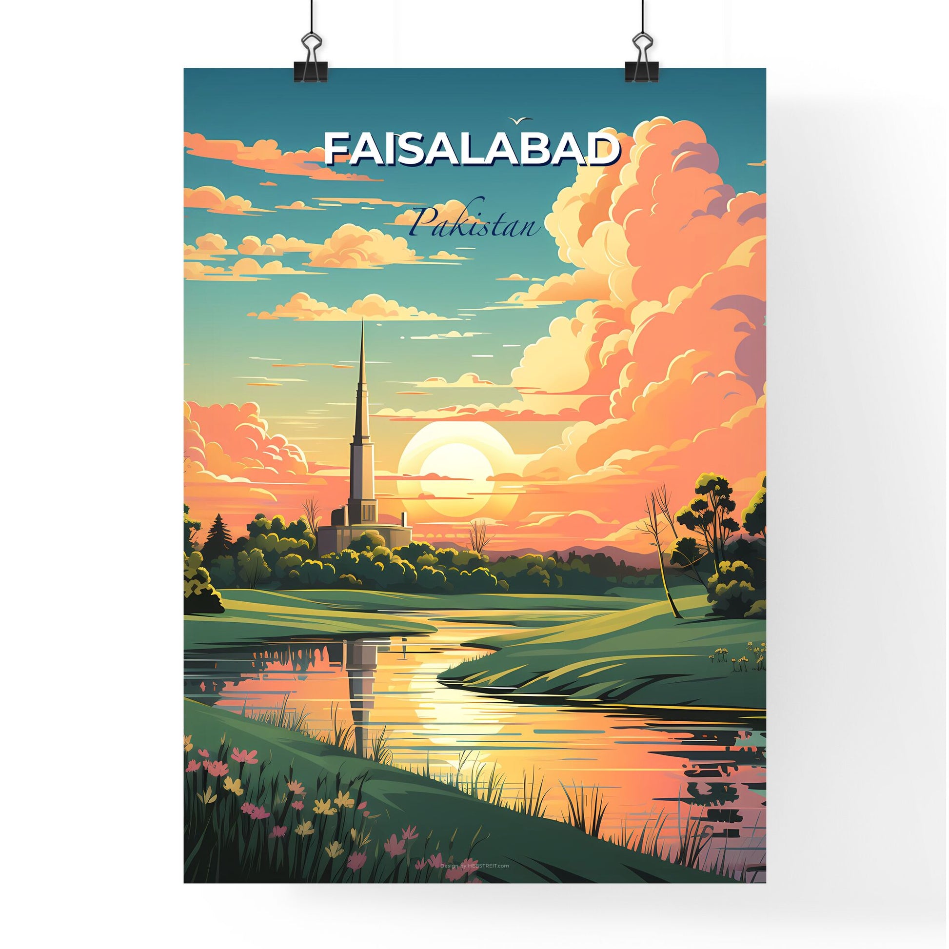 Vibrant Artistic Skyline Painting of Faisalabad Pakistan Featuring a River Tower Trees and Sunset Default Title