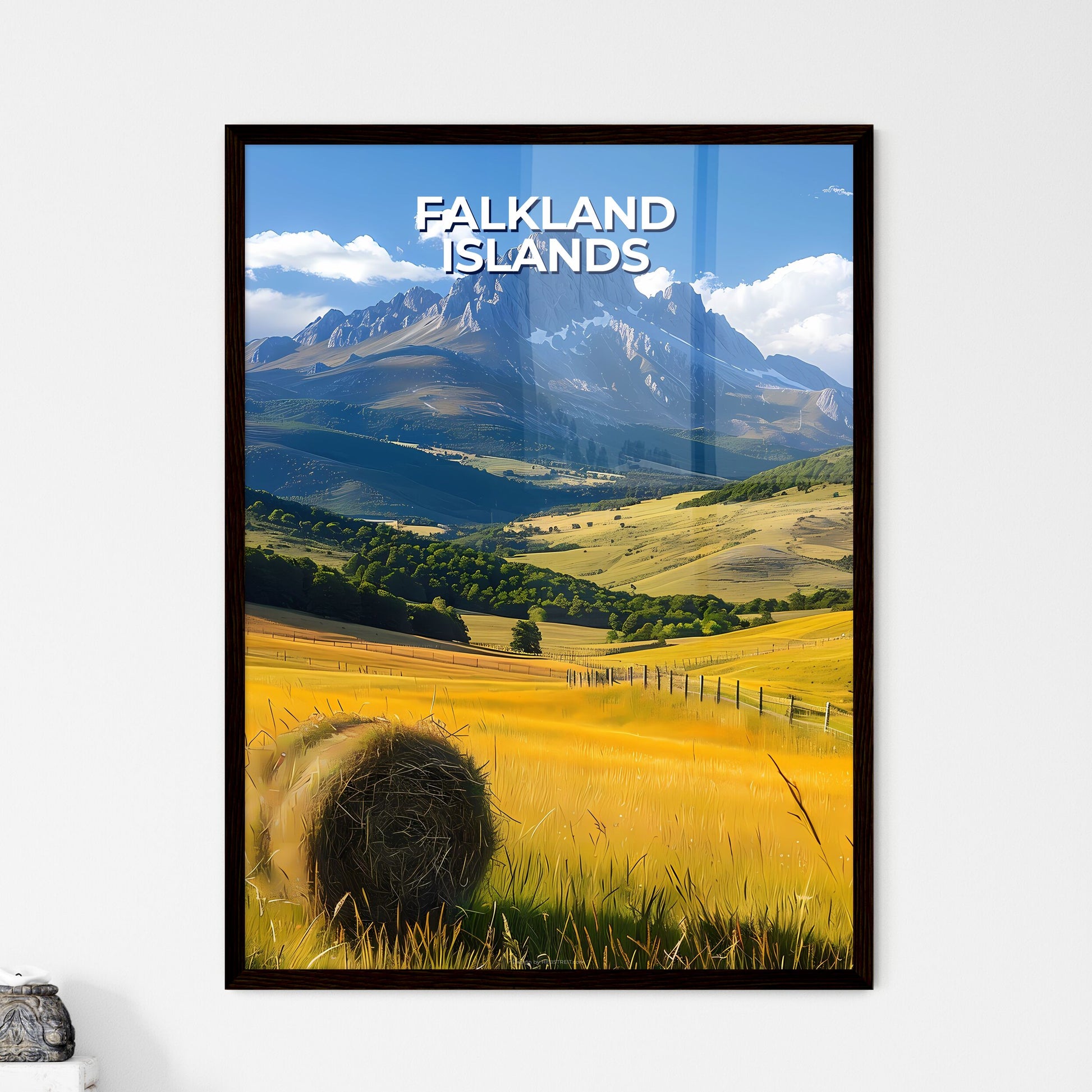 Vibrant Painting of a Hayfield with Mountain - Framed Art Print