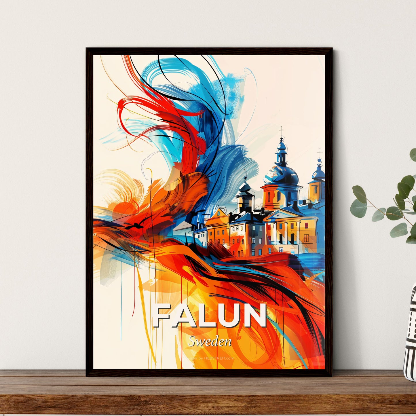 Vibrant Falun, Sweden - A Painting Of A Building With A Fire In The Background