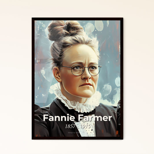 Portrait of Fannie Farmer, 1857 - 1915. Impressionistic painting of a woman with glasses and a bun.