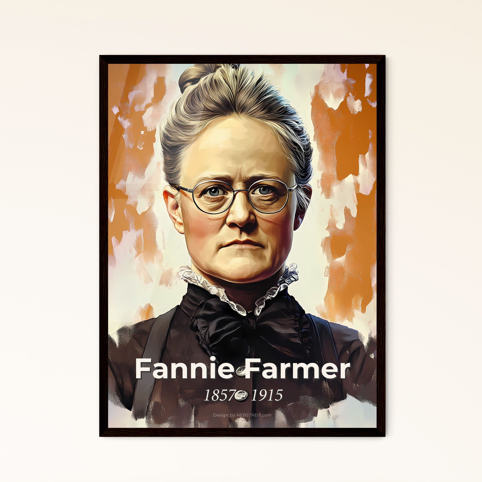 Portrait of Fannie Farmer, 1857 - 1915. Impressionistic painting of a woman with glasses and a bow tie.