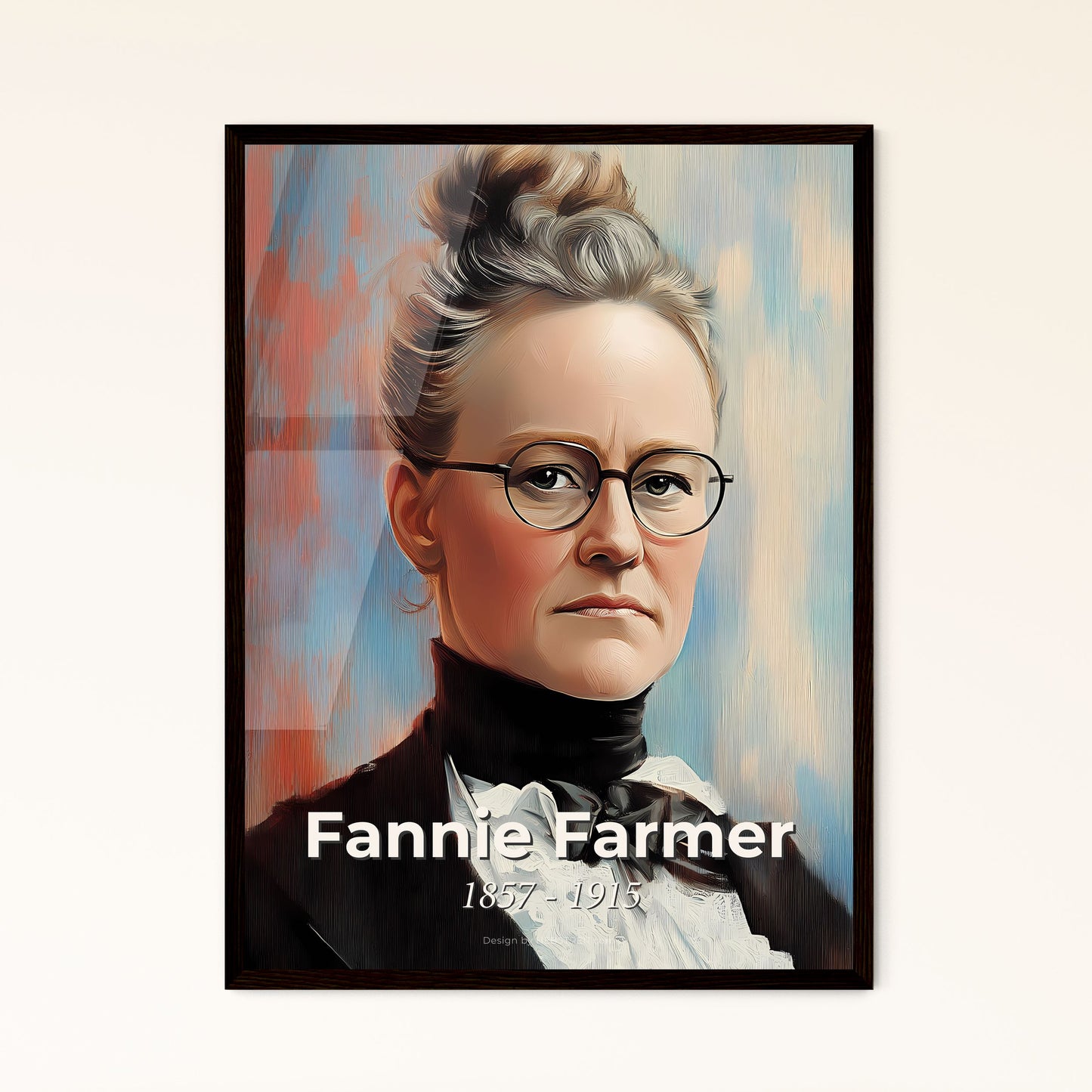 Portrait of Fannie Farmer, 1857 - 1915. Impressionistic painting of a woman wearing glasses and a bow tie.