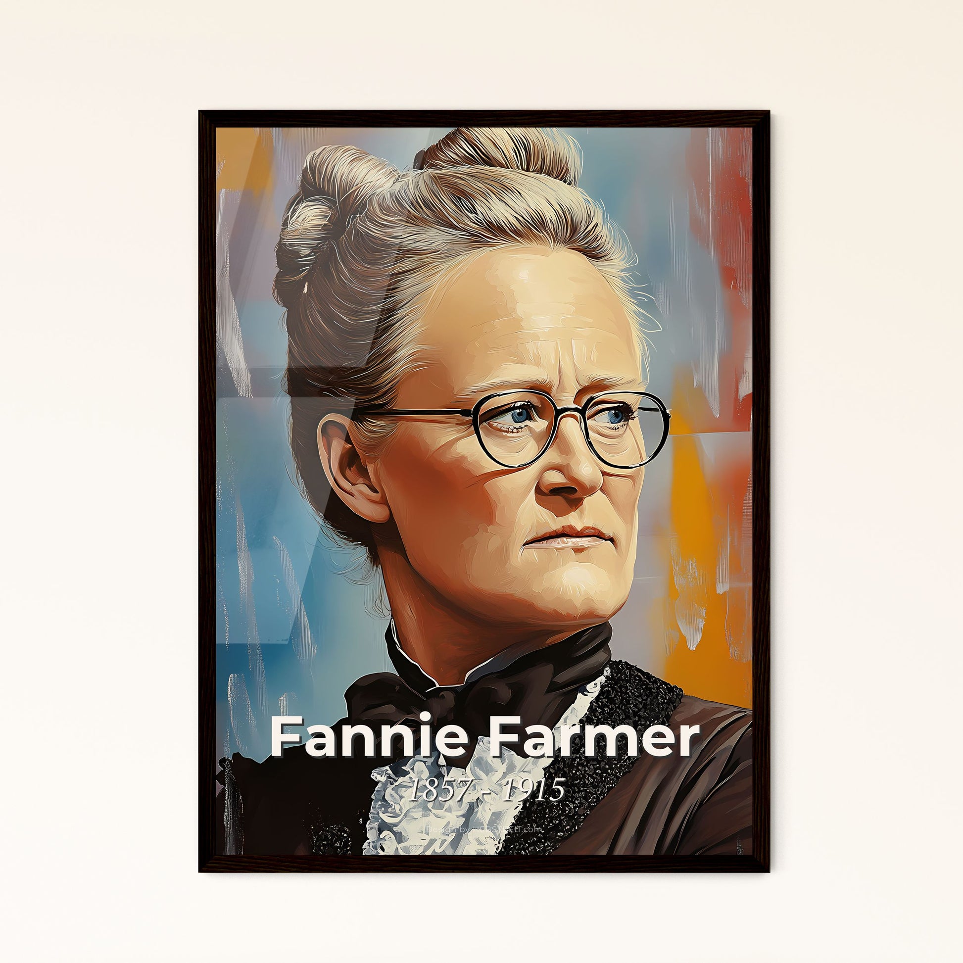 Portrait of Fannie Farmer, 1857 - 1915. Impressionistic painting of a woman with glasses and a bow tie.