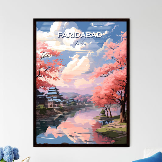 Vibrant Riverbank Skyline Landscape with Pink Trees and City Buildings Default Title