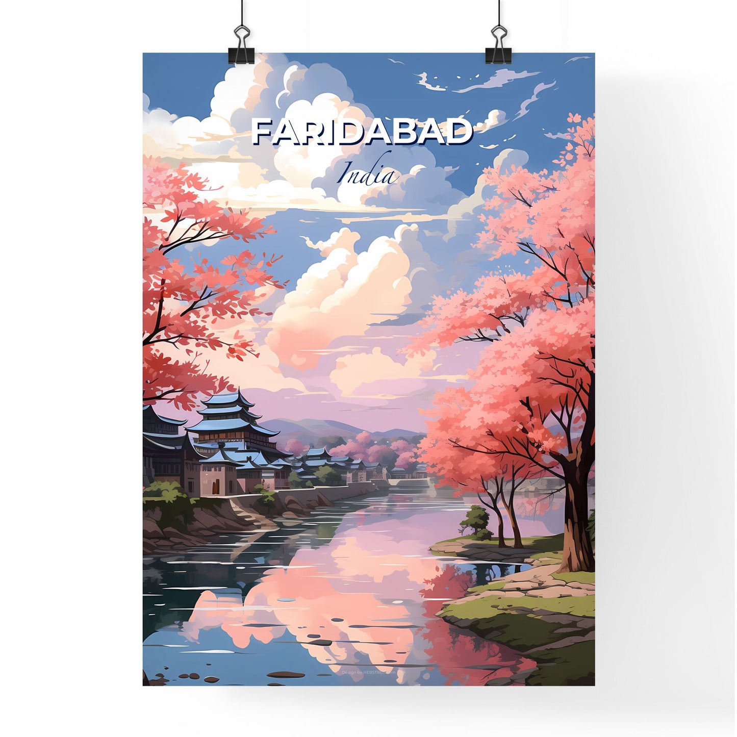 Vibrant Riverbank Skyline Landscape with Pink Trees and City Buildings Default Title