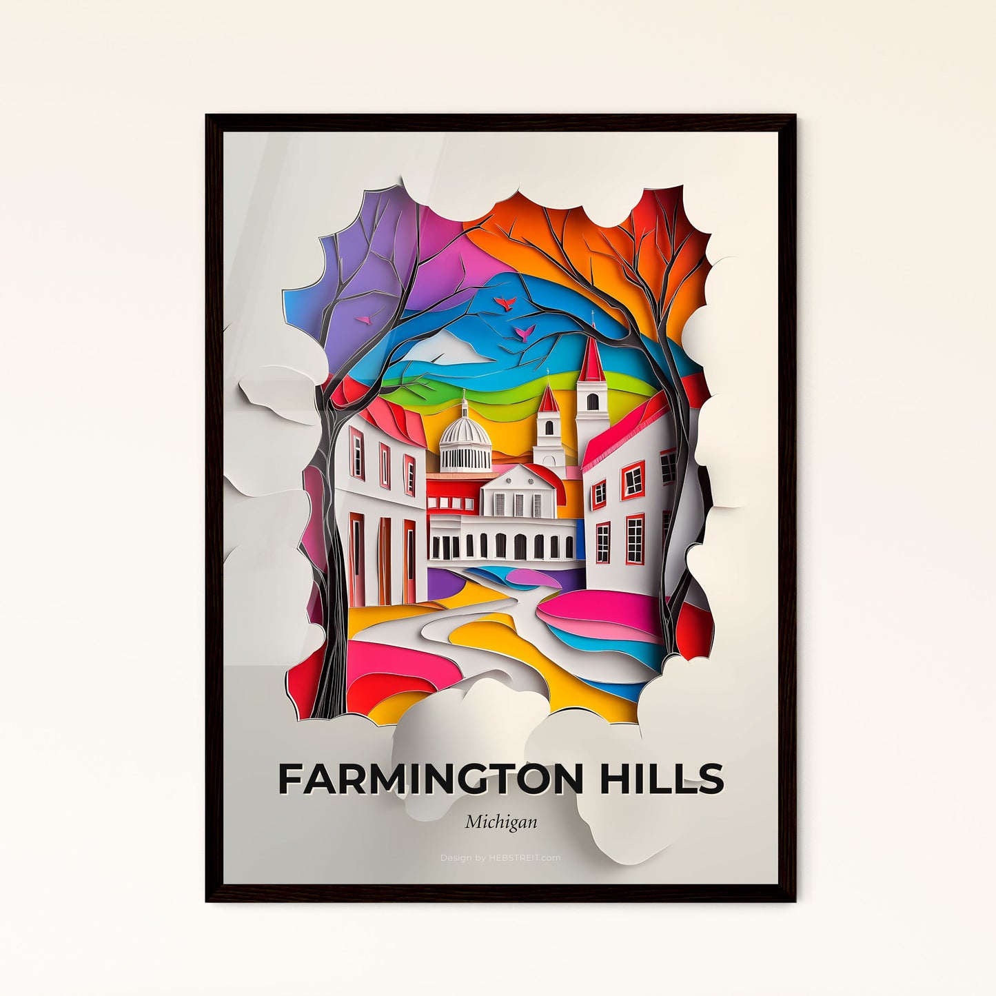 Vivid Farmington Hills, Michigan - a paper cut of a city with a church