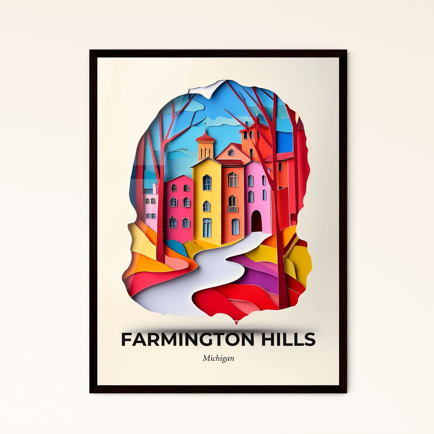 Vivid Farmington Hills, Michigan - a paper cut of a colorful city with a stream