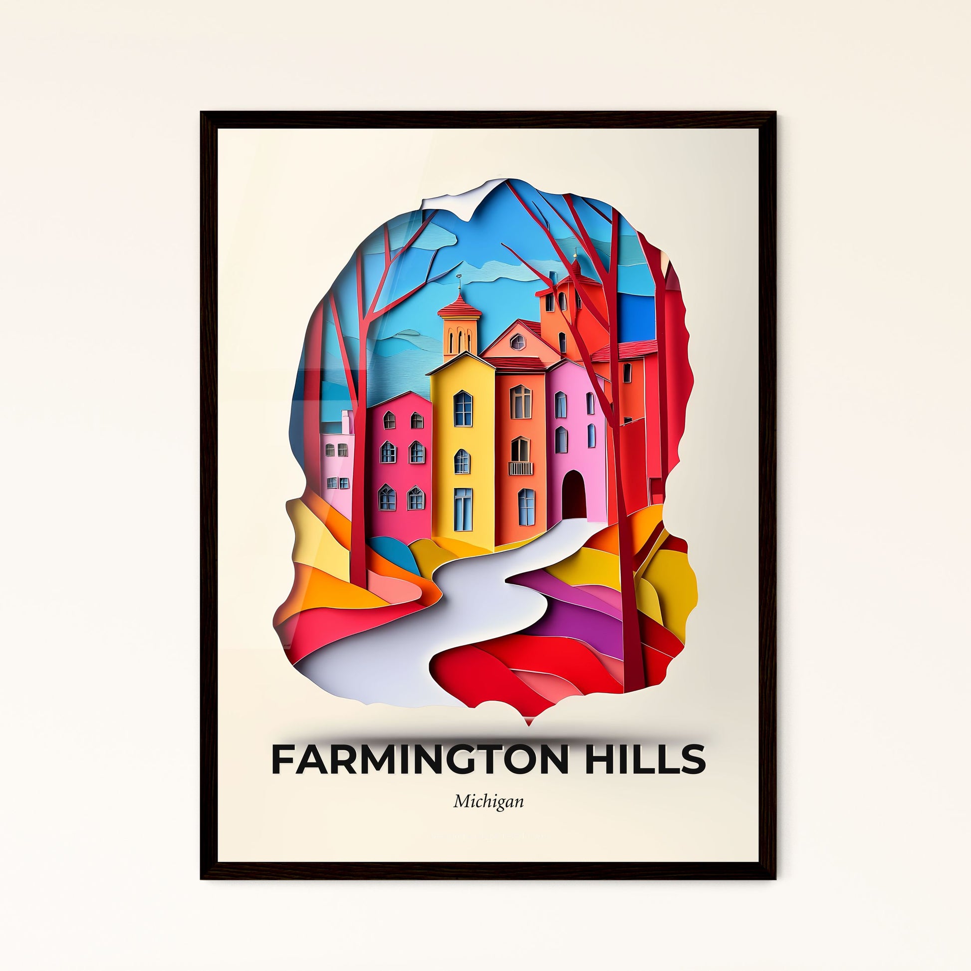 Vivid Farmington Hills, Michigan - a paper cut of a colorful city with a stream