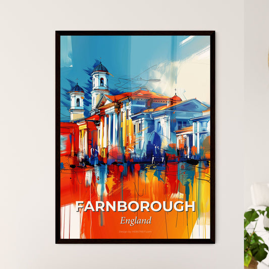 Vibrant Farnborough, England - A Painting Of A Building With A Red And Blue Sky