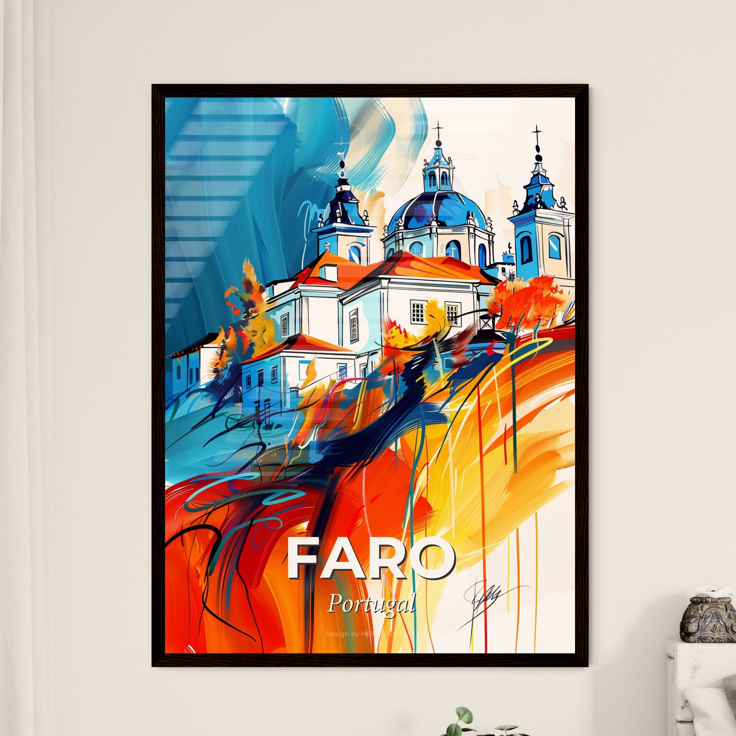 Vibrant Faro, Portugal - A Painting Of A Building On A Hill