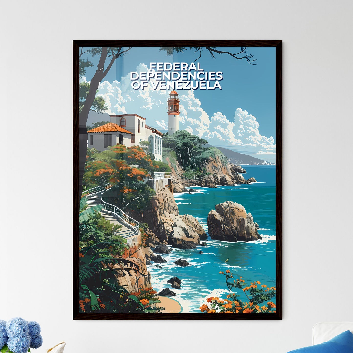 Colorful Abstract Painting of Oceanside Architecture in Venezuela's Federal Dependencies Framed Art