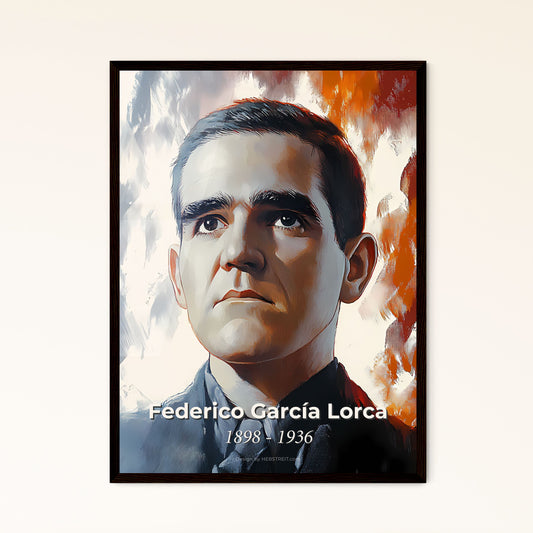 Portrait of Federico García Lorca, 1898 - 1936. Impressionistic painting of a man in a suit and tie.