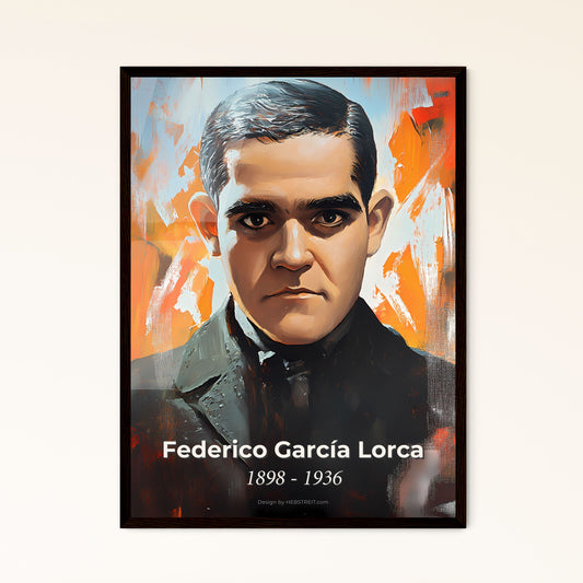 Portrait of Federico García Lorca, 1898 - 1936. Impressionistic painting of a man in a black suit.