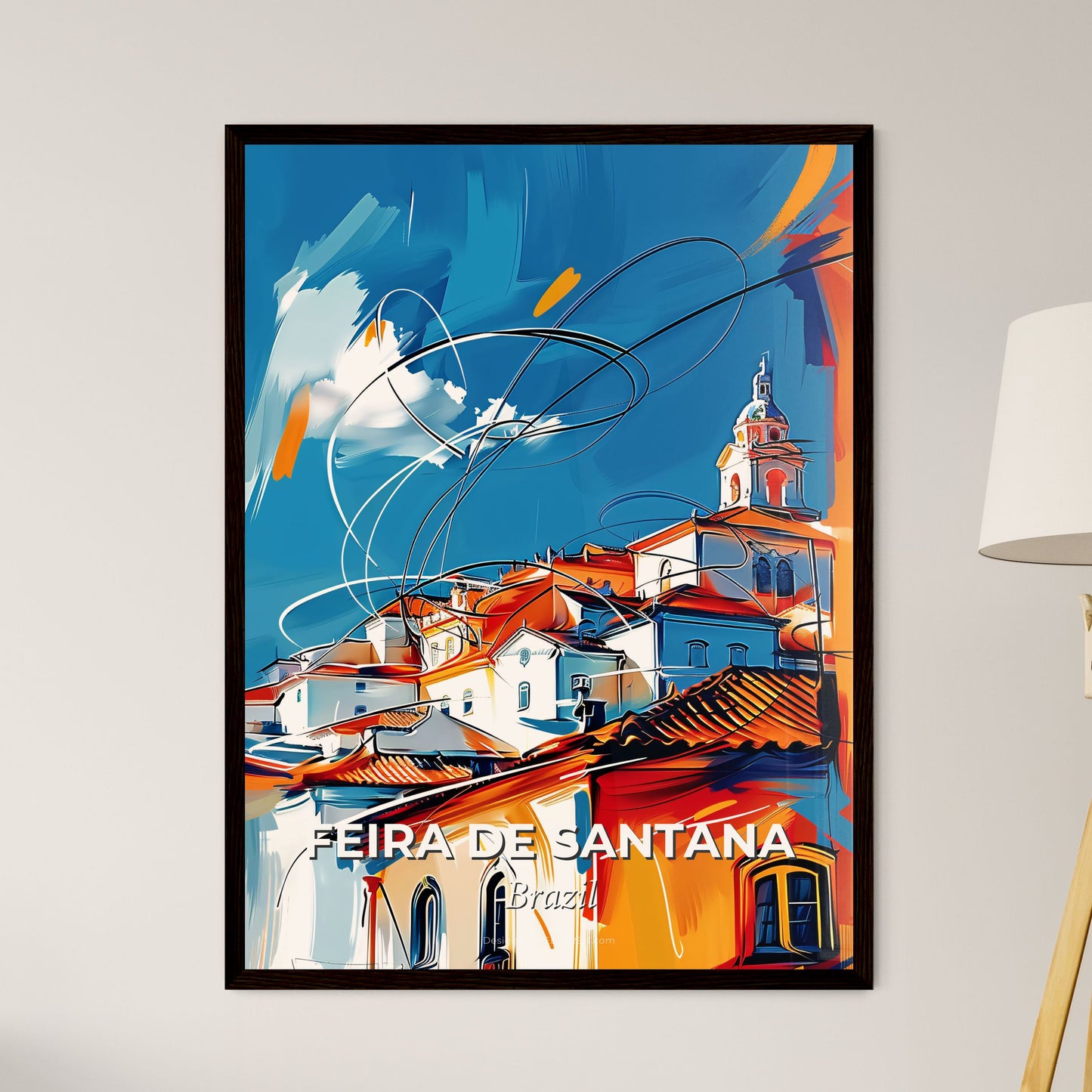 Vibrant Feira De Santana, Brazil - A Painting Of A Building With A Tower And A Blue Sky