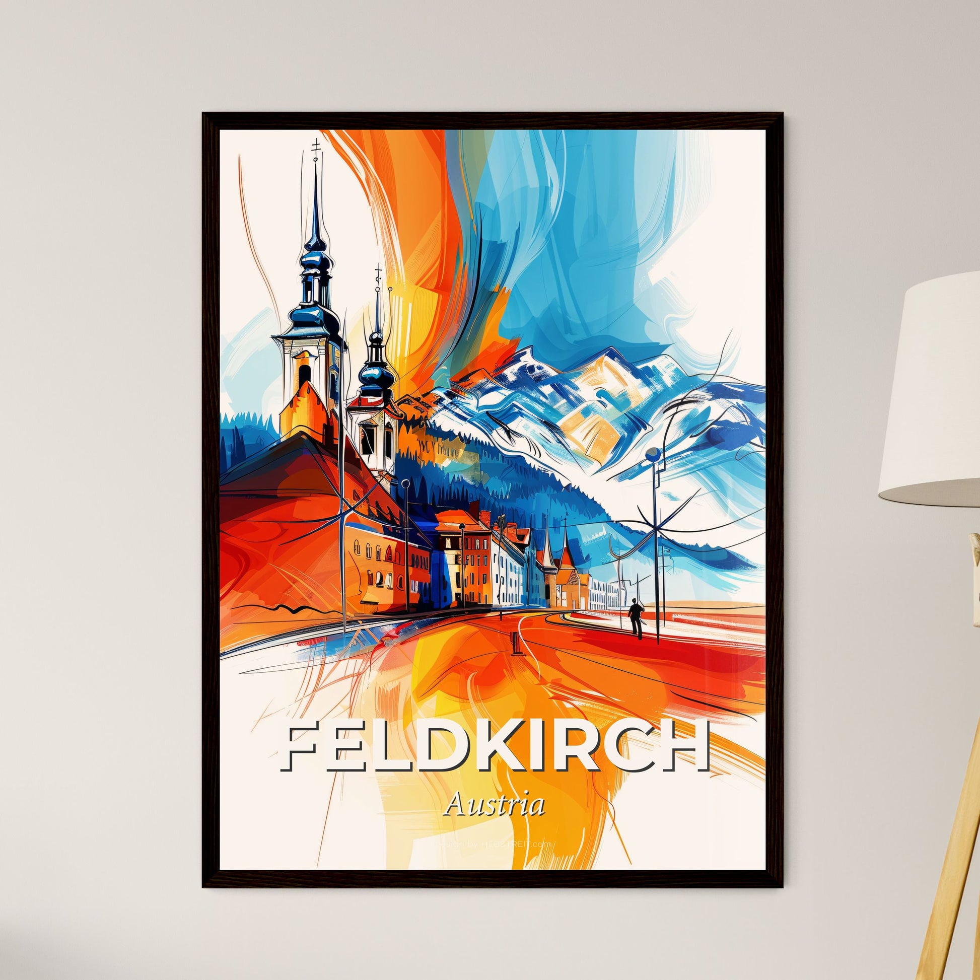 Vibrant Feldkirch, Austria - A Painting Of A Town With Mountains And Trees