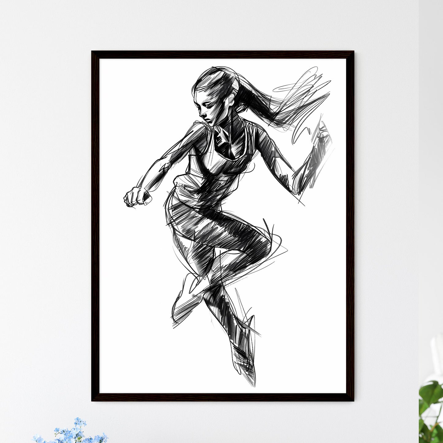 Aggressive running woman drawing - Framed Art Print