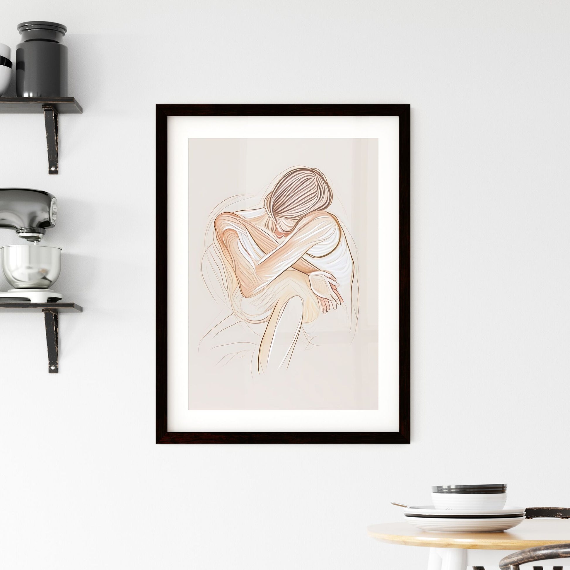 Minimalist Boho Art Poster: Vibrant Drawing of Woman Sitting, Gouache, Papier Couché, Muted Color Palette Default Title