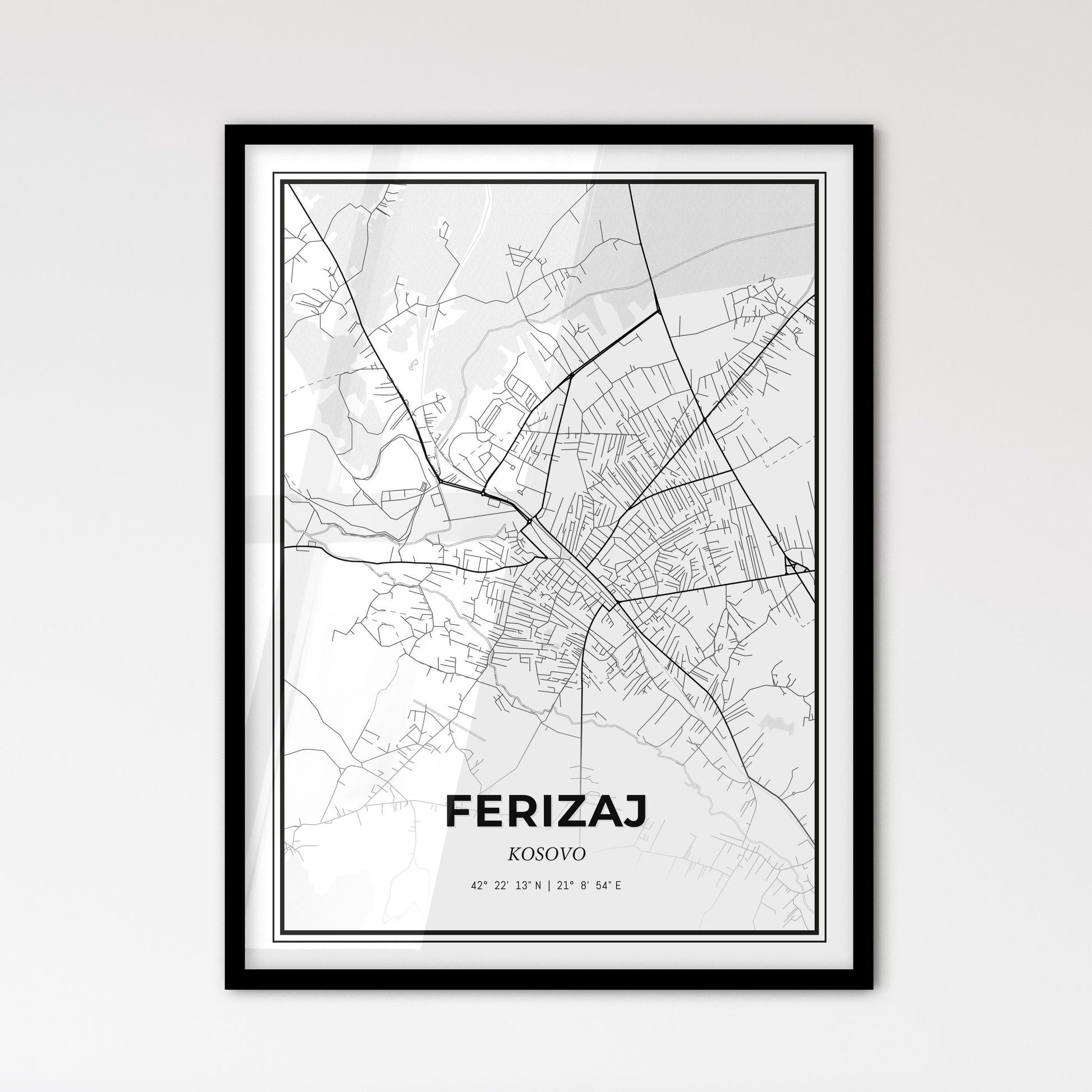 Ferizaj / Uroševac Kosovo - Scandinavian Style City Map for Modern Home Decor