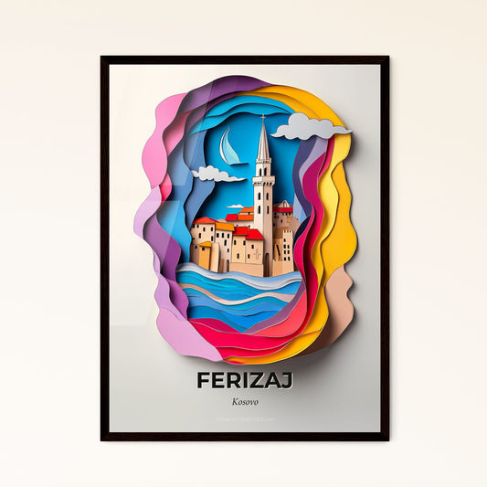 Vivid Ferizaj / Uroševac, Kosovo - a paper cut of a city with a clock tower