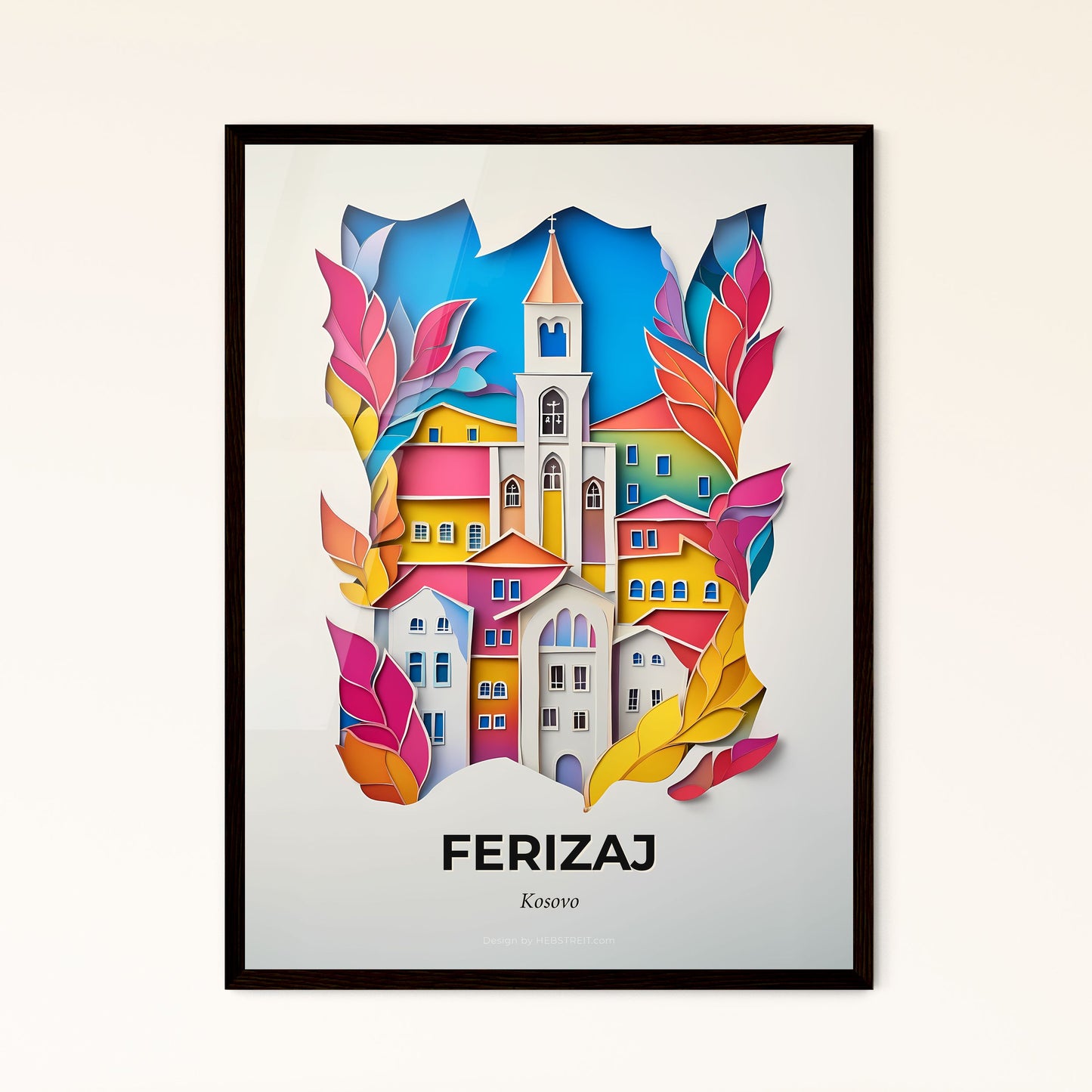 Vivid Ferizaj / Uroševac, Kosovo - a paper cut of a city with a clock tower