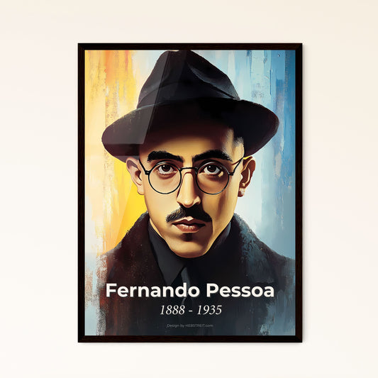 Portrait of Fernando Pessoa, 1888 - 1935. Impressionistic painting of a man with a mustache wearing a hat and glasses.