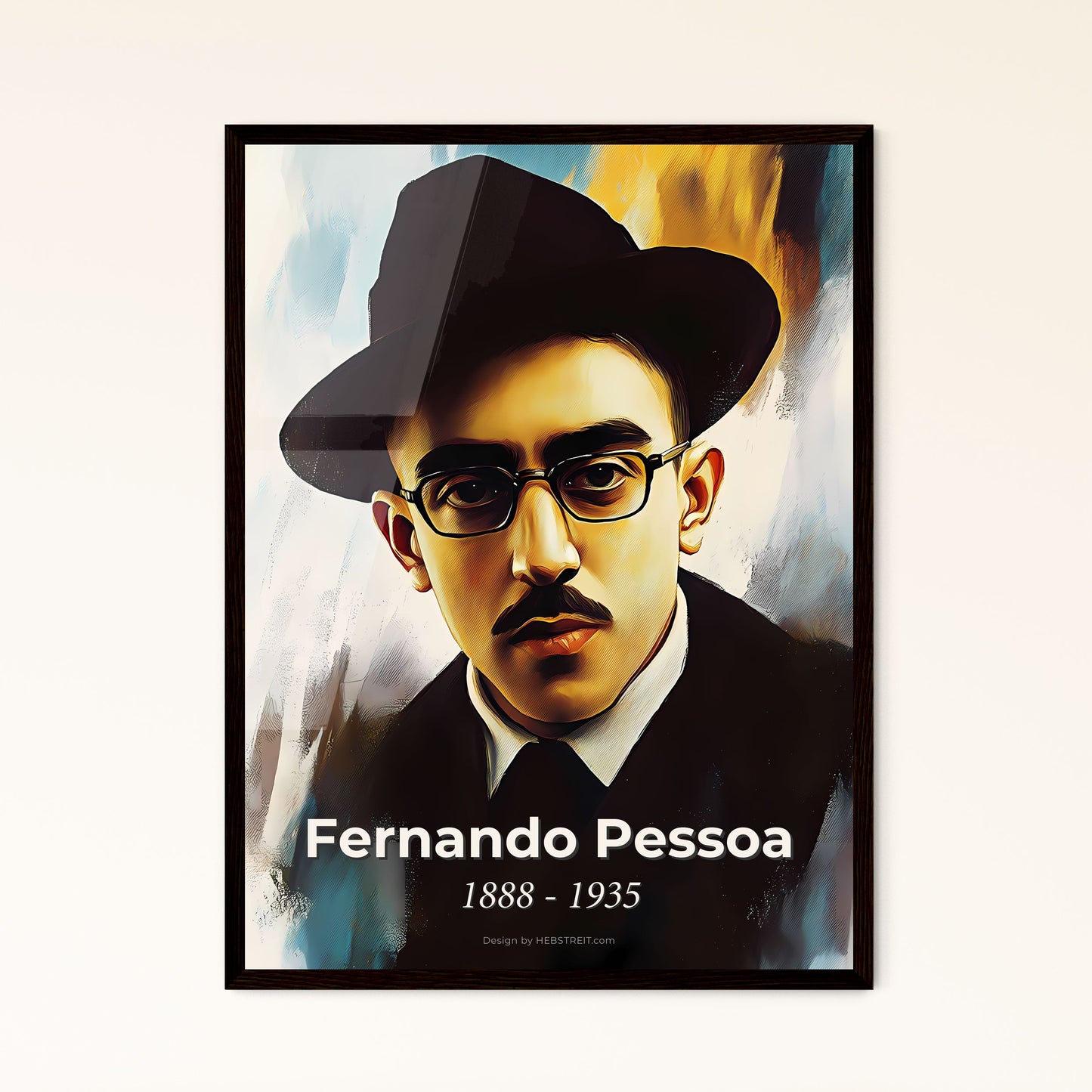 Portrait of Fernando Pessoa, 1888 - 1935. Impressionistic painting of a man with a mustache wearing a hat and glasses.