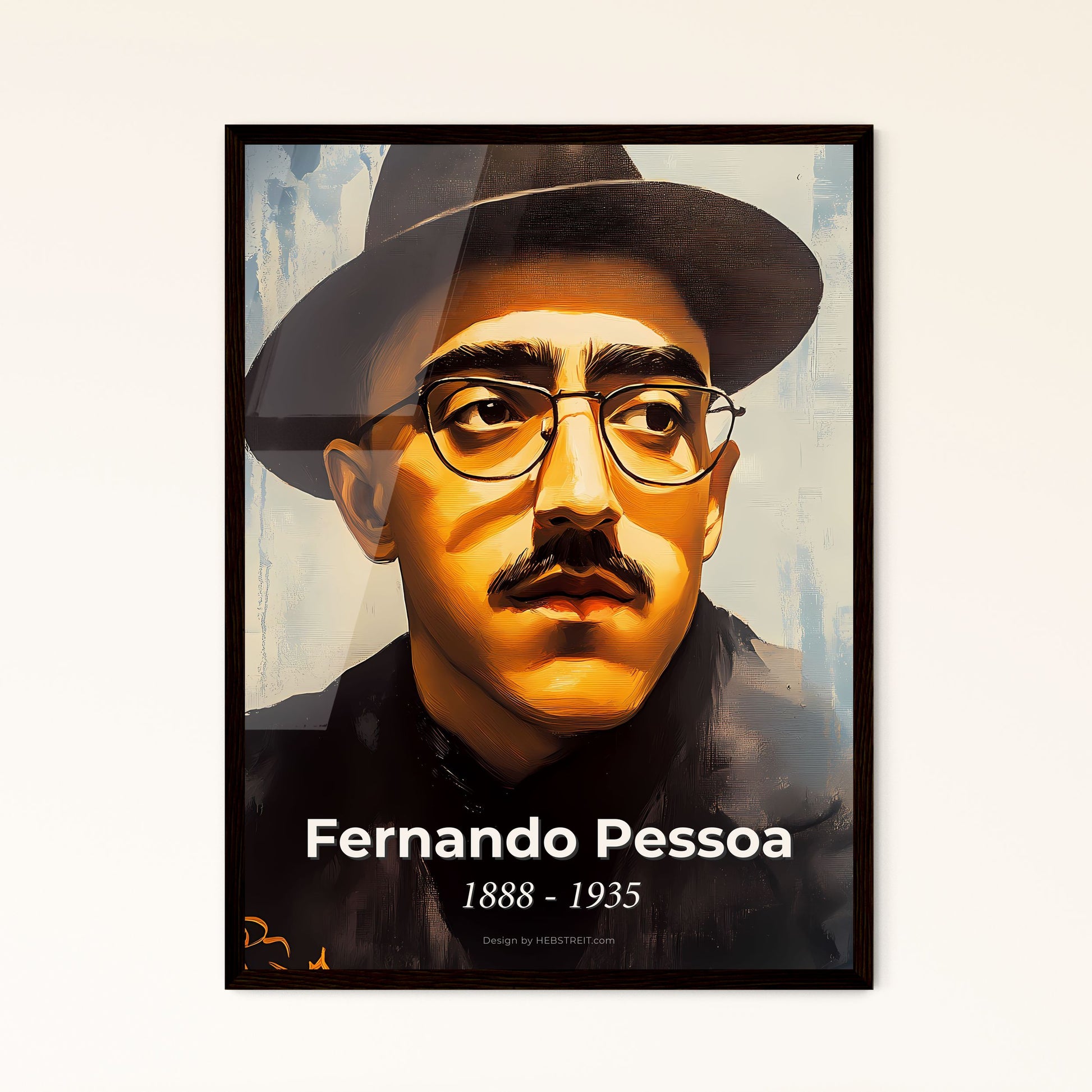 Portrait of Fernando Pessoa, 1888 - 1935. Impressionistic painting of a man with a mustache wearing a hat and glasses.