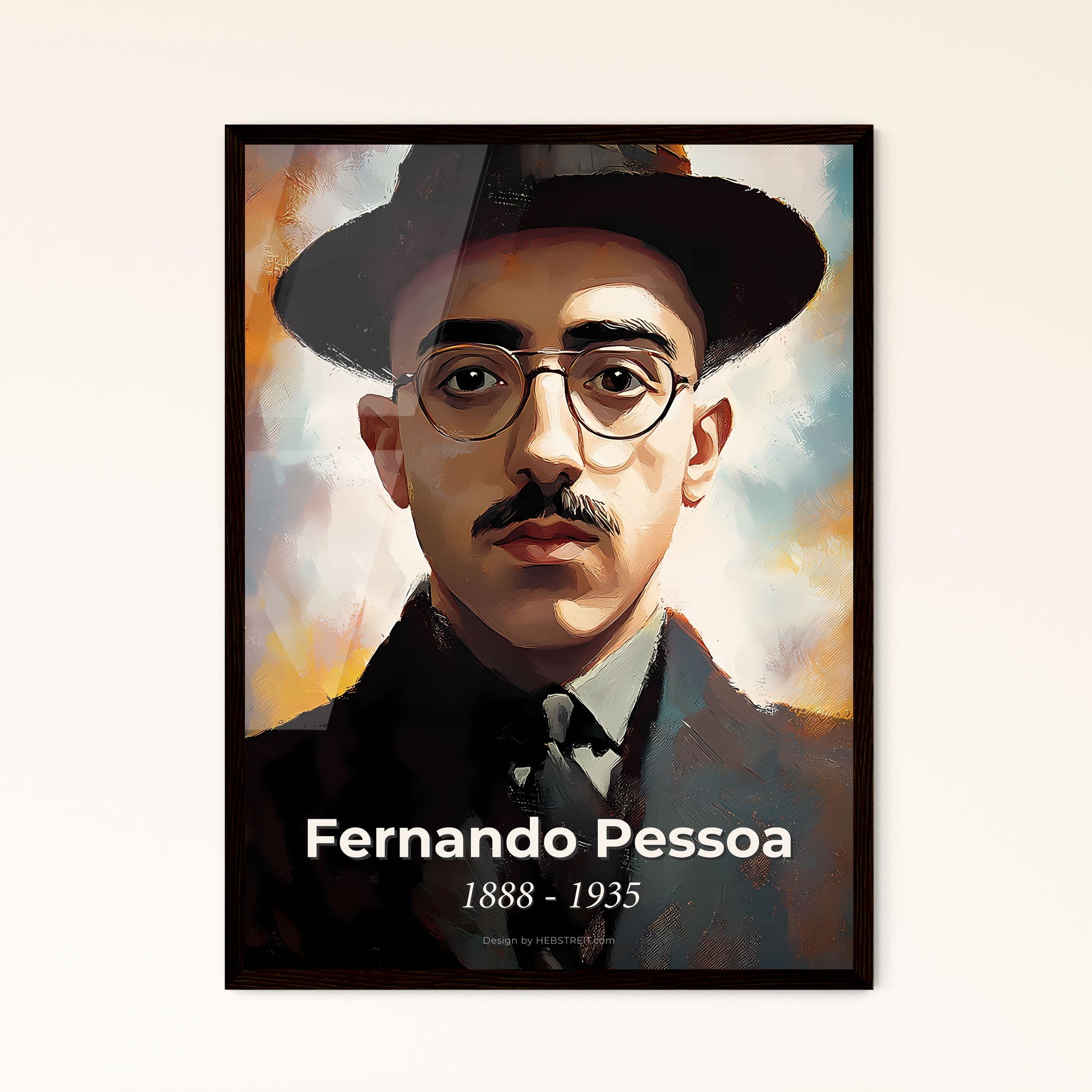 Portrait of Fernando Pessoa, 1888 - 1935. Impressionistic painting of a man with a mustache wearing a hat and glasses.