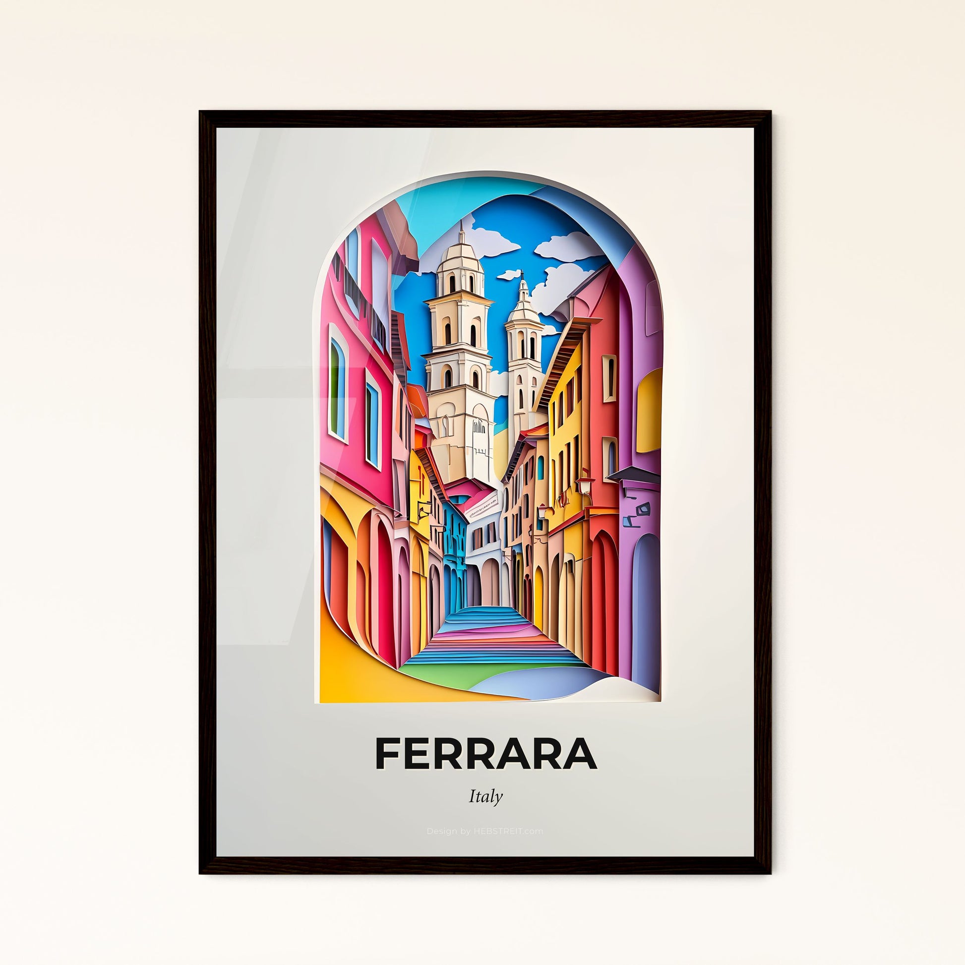 Vivid Ferrara, Italy - a painting of a street with a clock tower