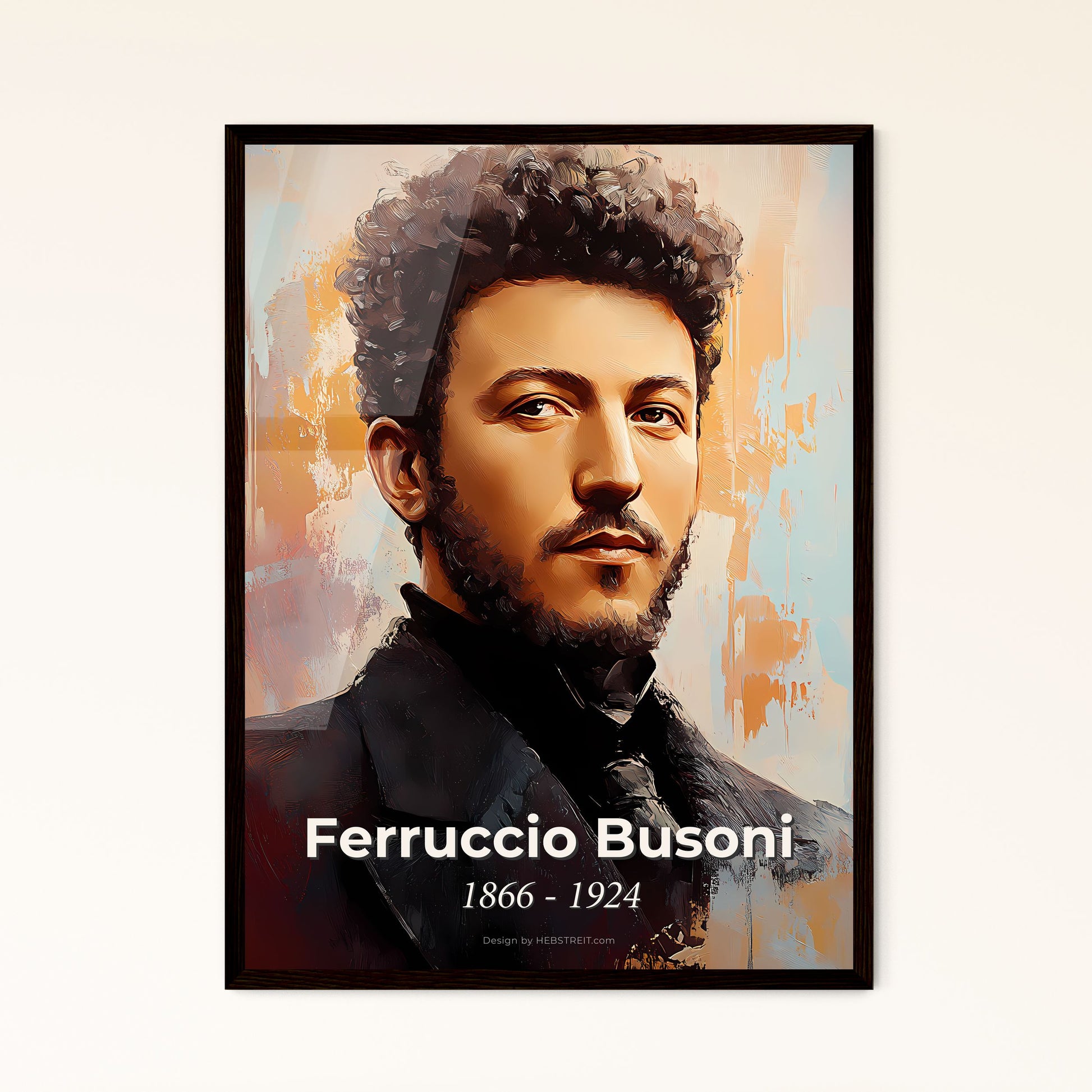 Portrait of Ferruccio Busoni, 1866 - 1924. Impressionistic painting of a man with curly hair and beard.