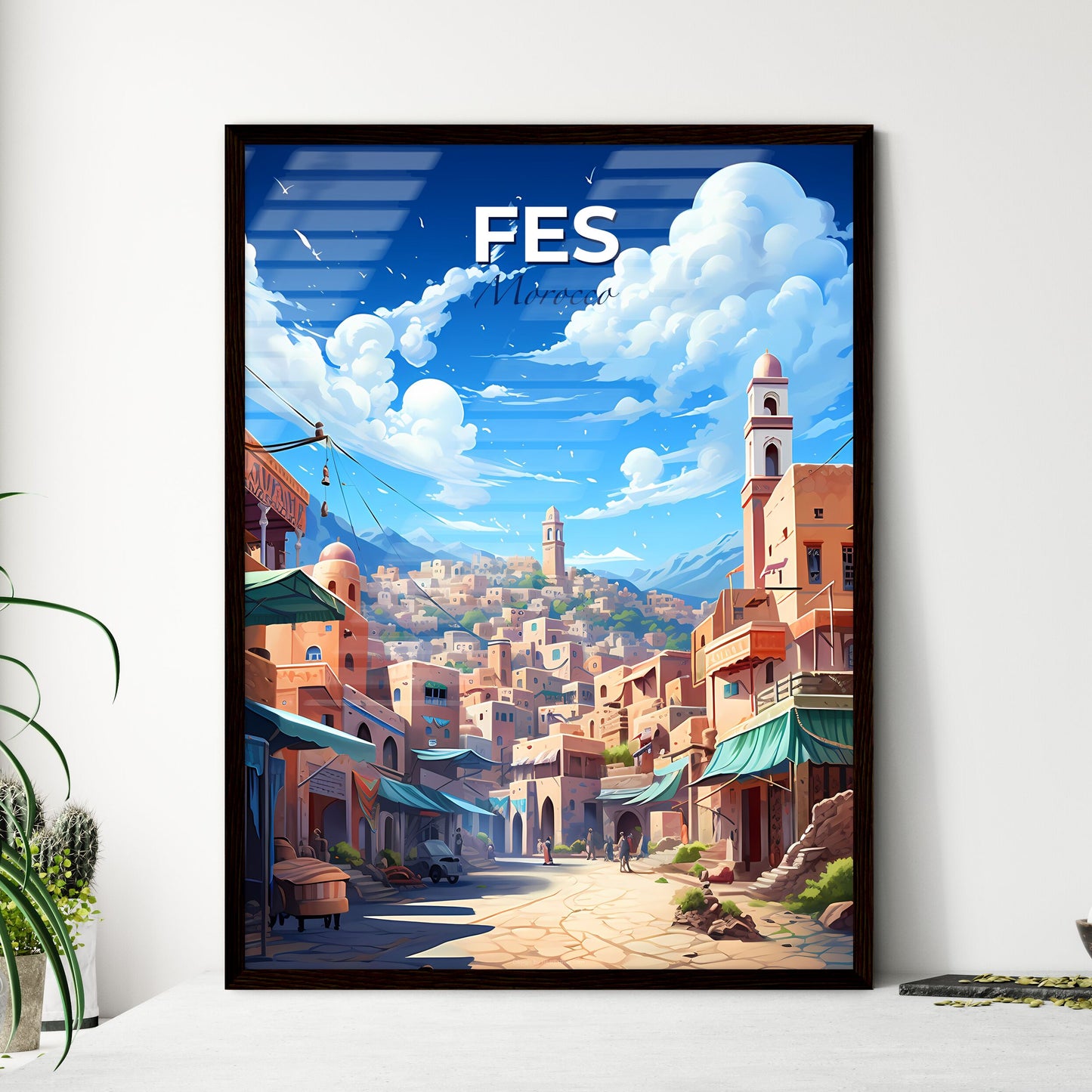 Vibrant Fes Morocco City Skyline Art Painting of Buildings and a Tower Default Title