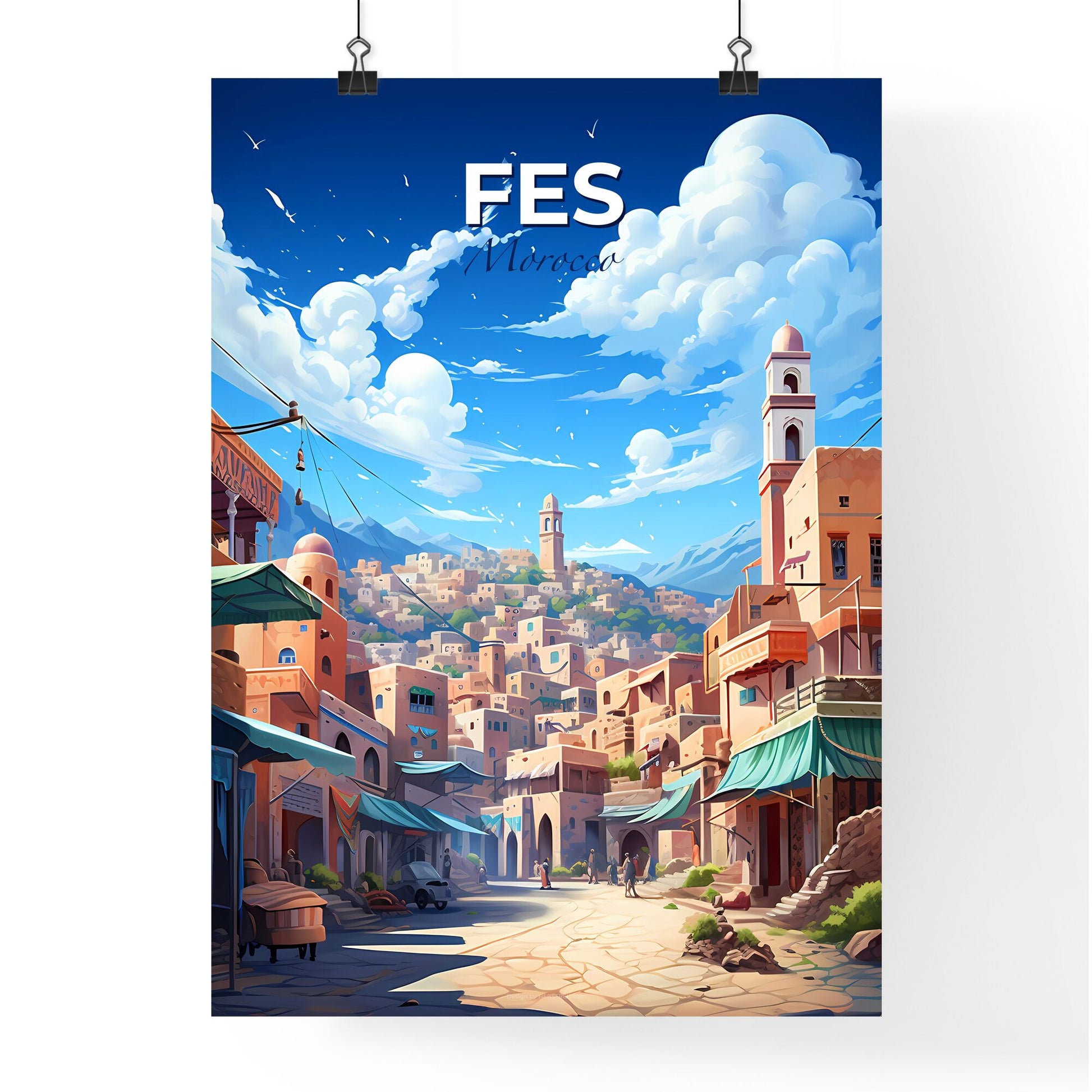 Vibrant Fes Morocco City Skyline Art Painting of Buildings and a Tower Default Title