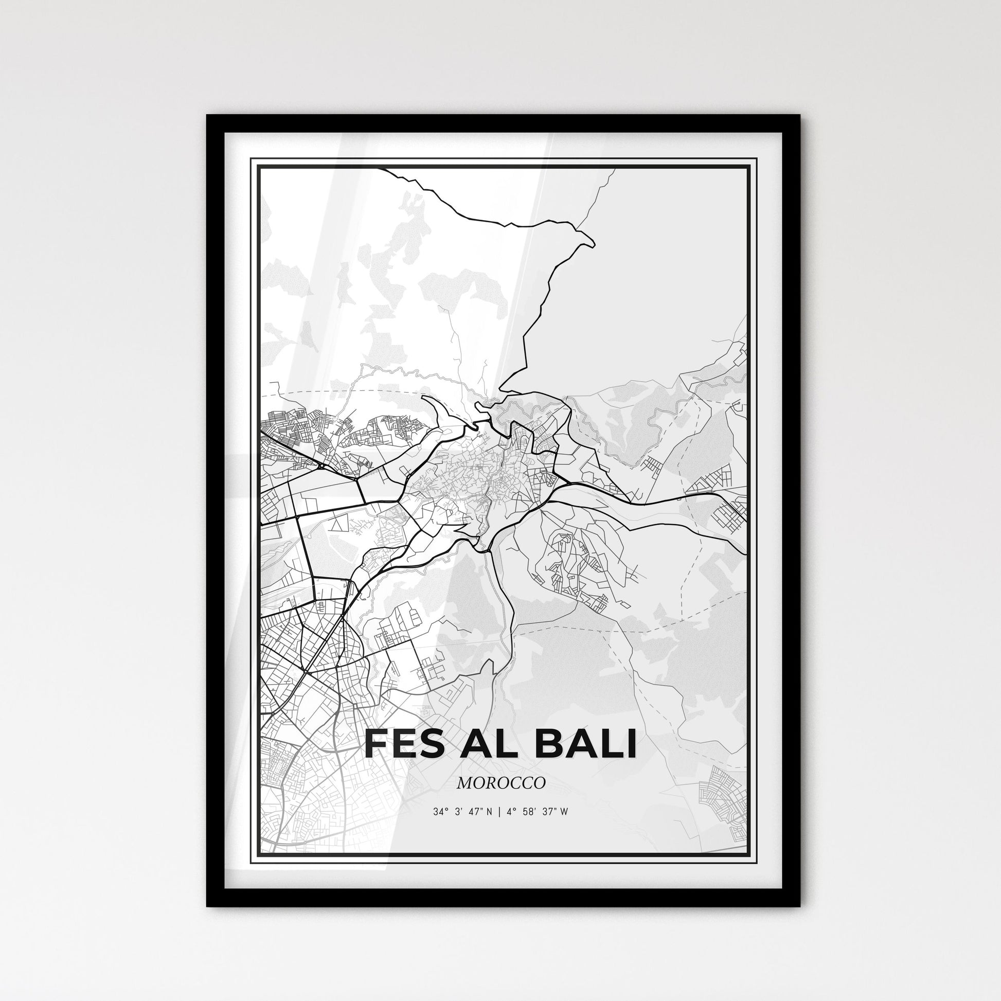 Fes al Bali Morocco - Scandinavian Style City Map for Modern Home Decor