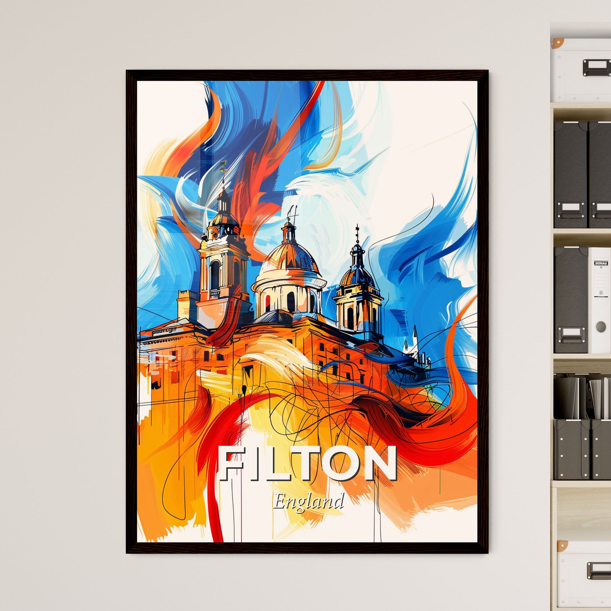 Vibrant Filton, England - A Painting Of A Building With A Colorful Background