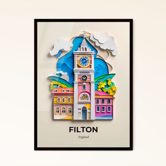 Vivid Filton, England - a clock tower with a sky background and a building