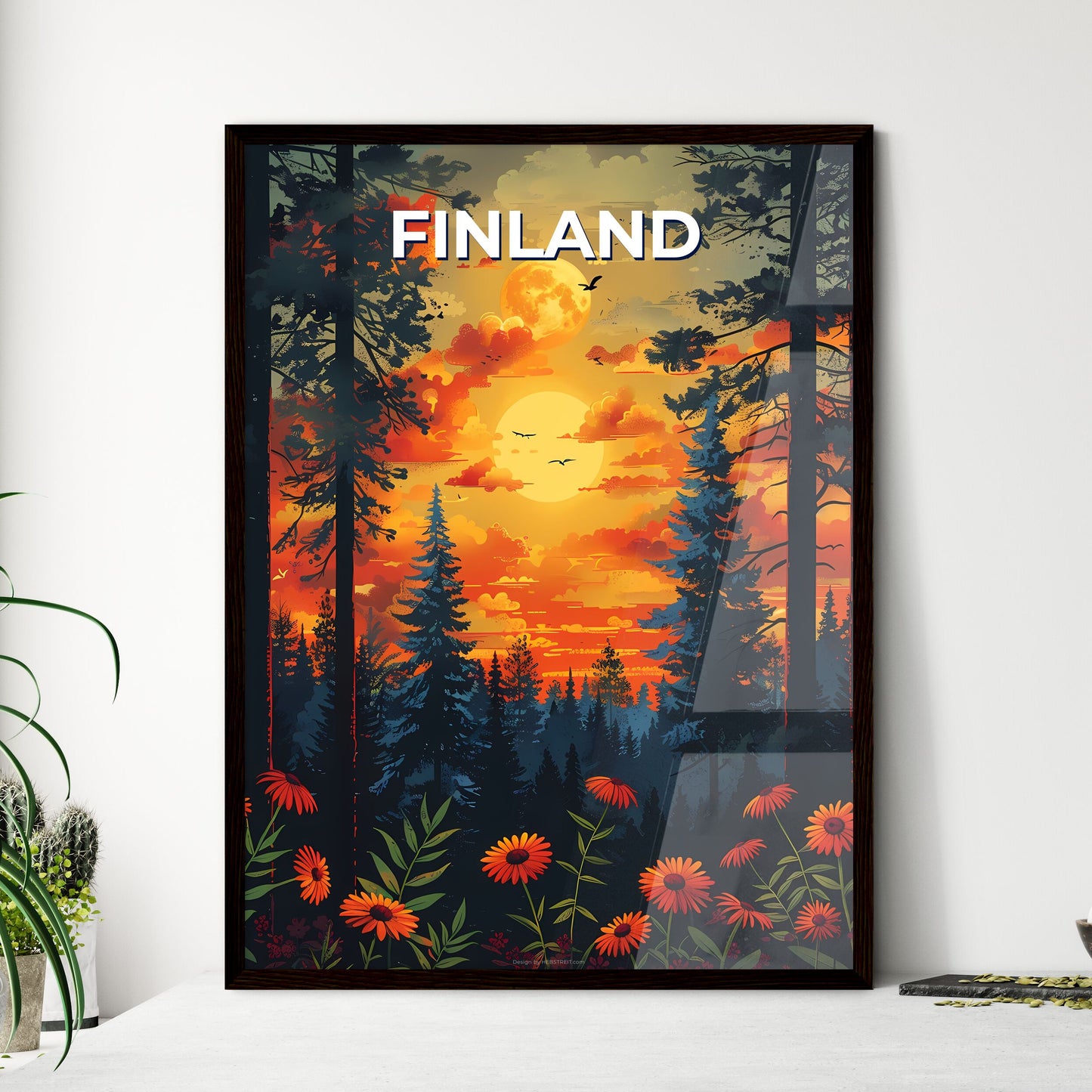 Vibrant Forest Sunset Painting, Finnish Landscape Artwork, European Nature Scene