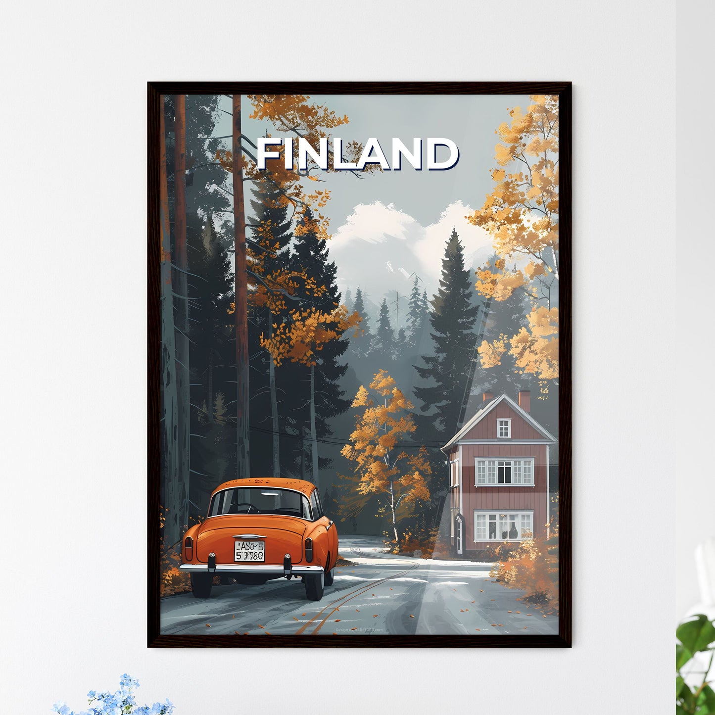 Finland, Europe – Artistic Depiction of a Car on the Road: Vibrant Painting with Focus on Art