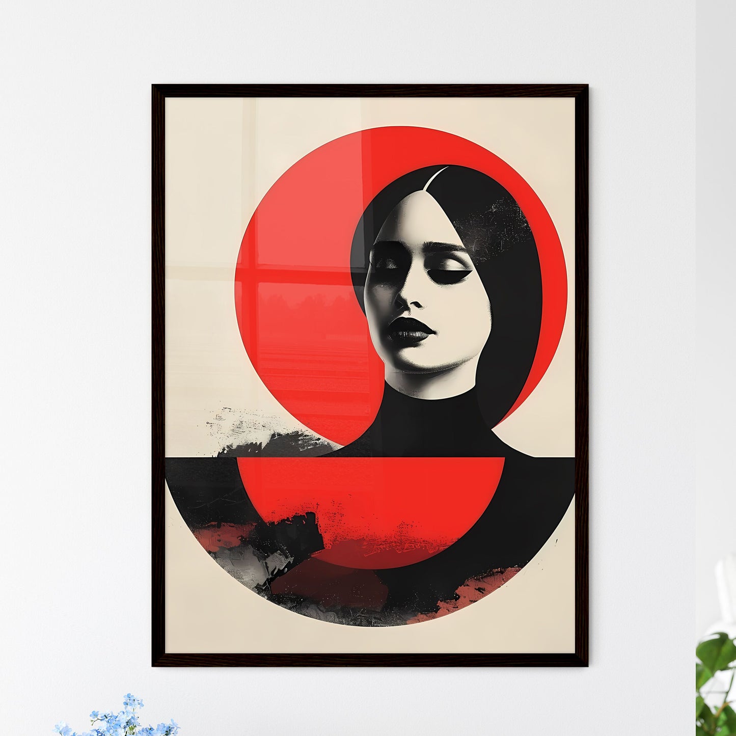 Geometric minimalist female logo, red and black, modern abstract pop art, woman with black hair and red circle Default Title