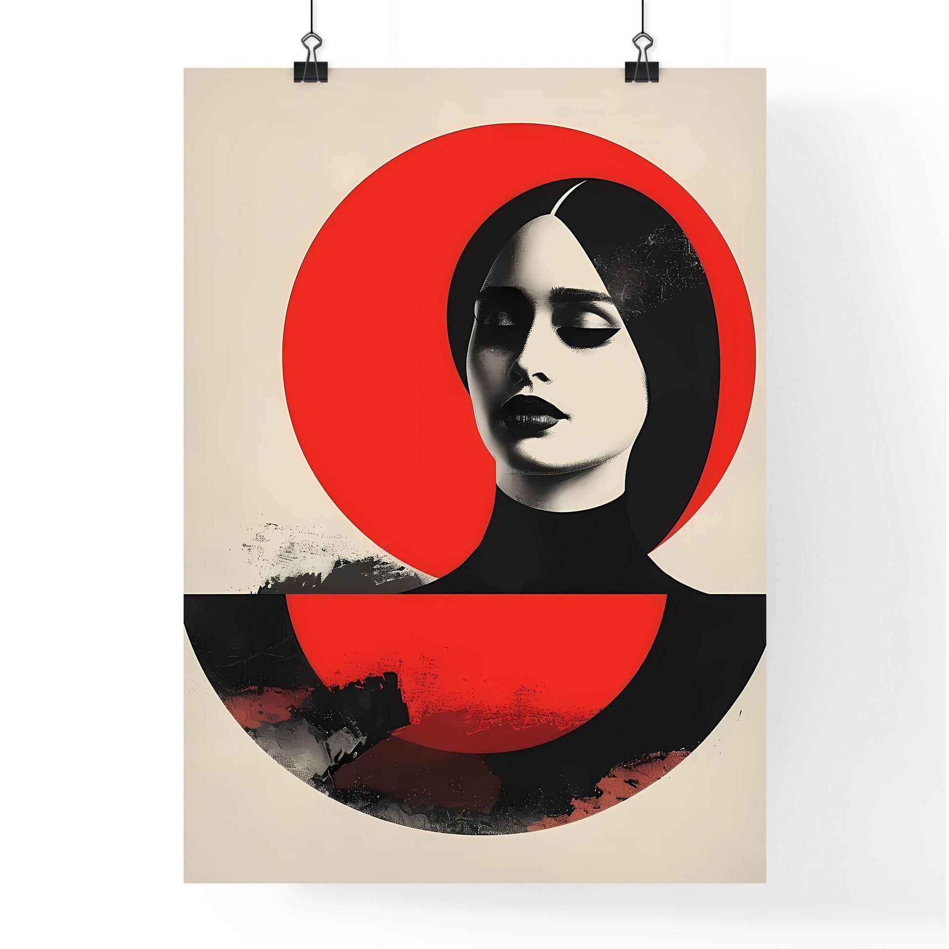 Geometric minimalist female logo, red and black, modern abstract pop art, woman with black hair and red circle Default Title