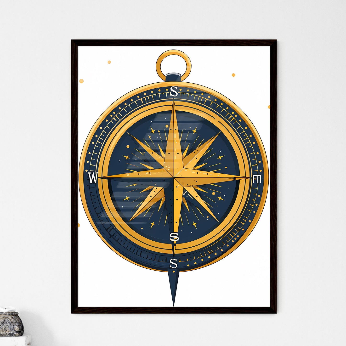 Vintage Compass Rose Painting with Star - Framed Art Print