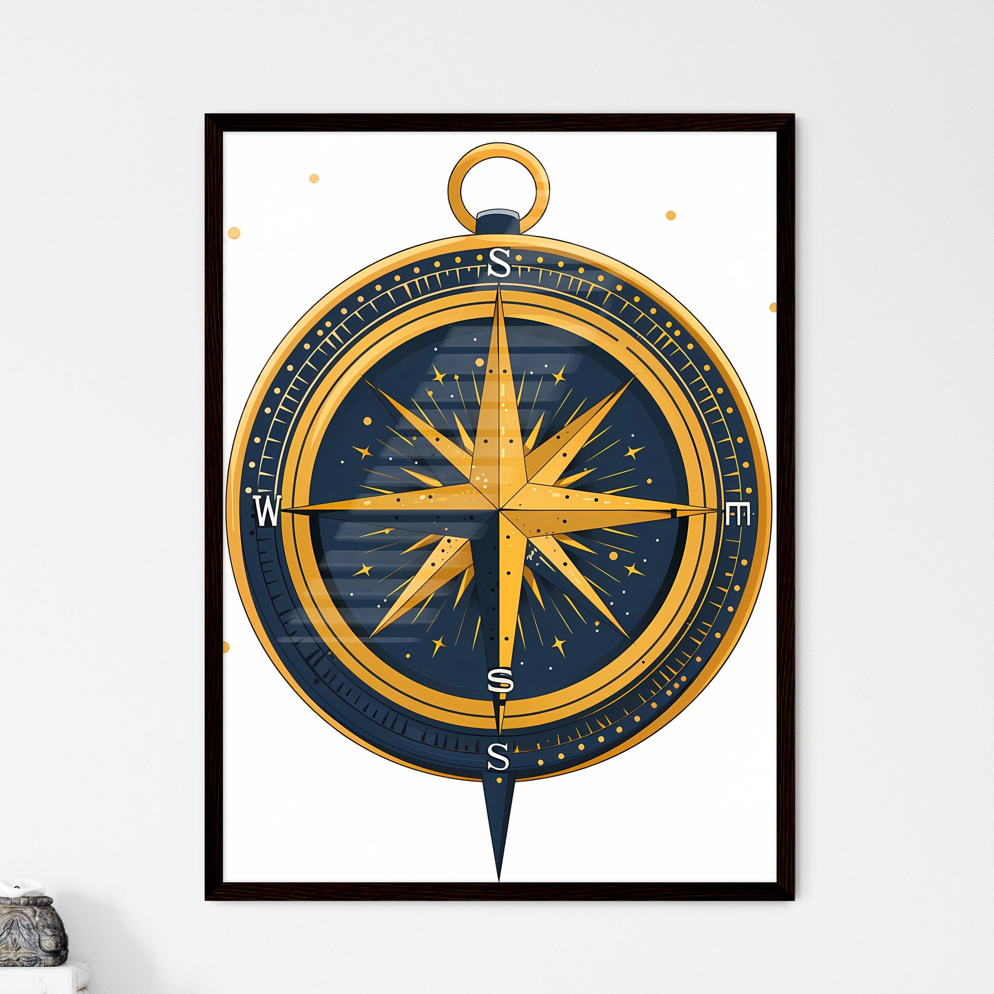 Vintage Compass Rose Painting with Star - Framed Art Print