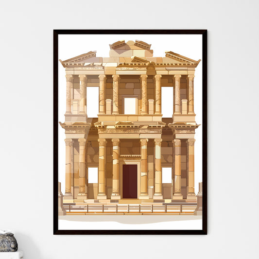 Upward-facing, majestic, transparent library of celsus in ephesus, vibrant, painterly building with columns, web-ready artwork Framed Art
