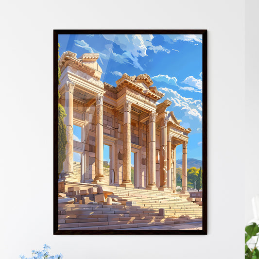 Flat style depiction of the historical library of Celsus in Ephesus, an iconic stone building with columns and steps, showcasing its architectural grandeur and artistic appeal Framed Art
