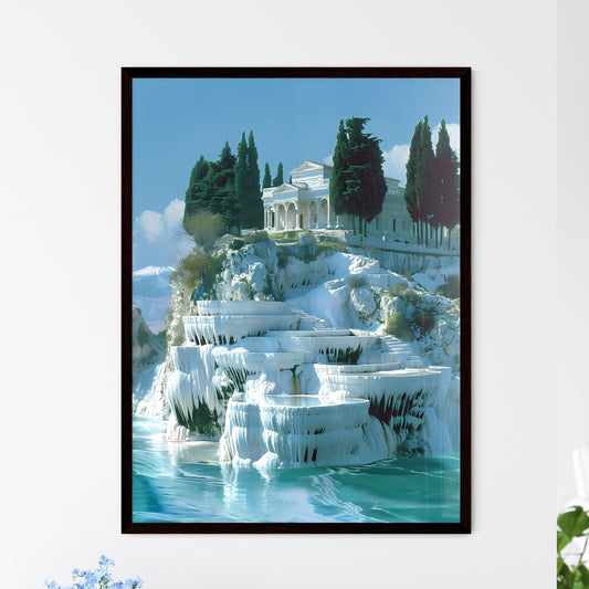 Majestic Travertine Landscape of Pamukkale with Hierapolis, Digital Painting, Building on Cliff, Trees, Transparent, Web Ready Framed Art
