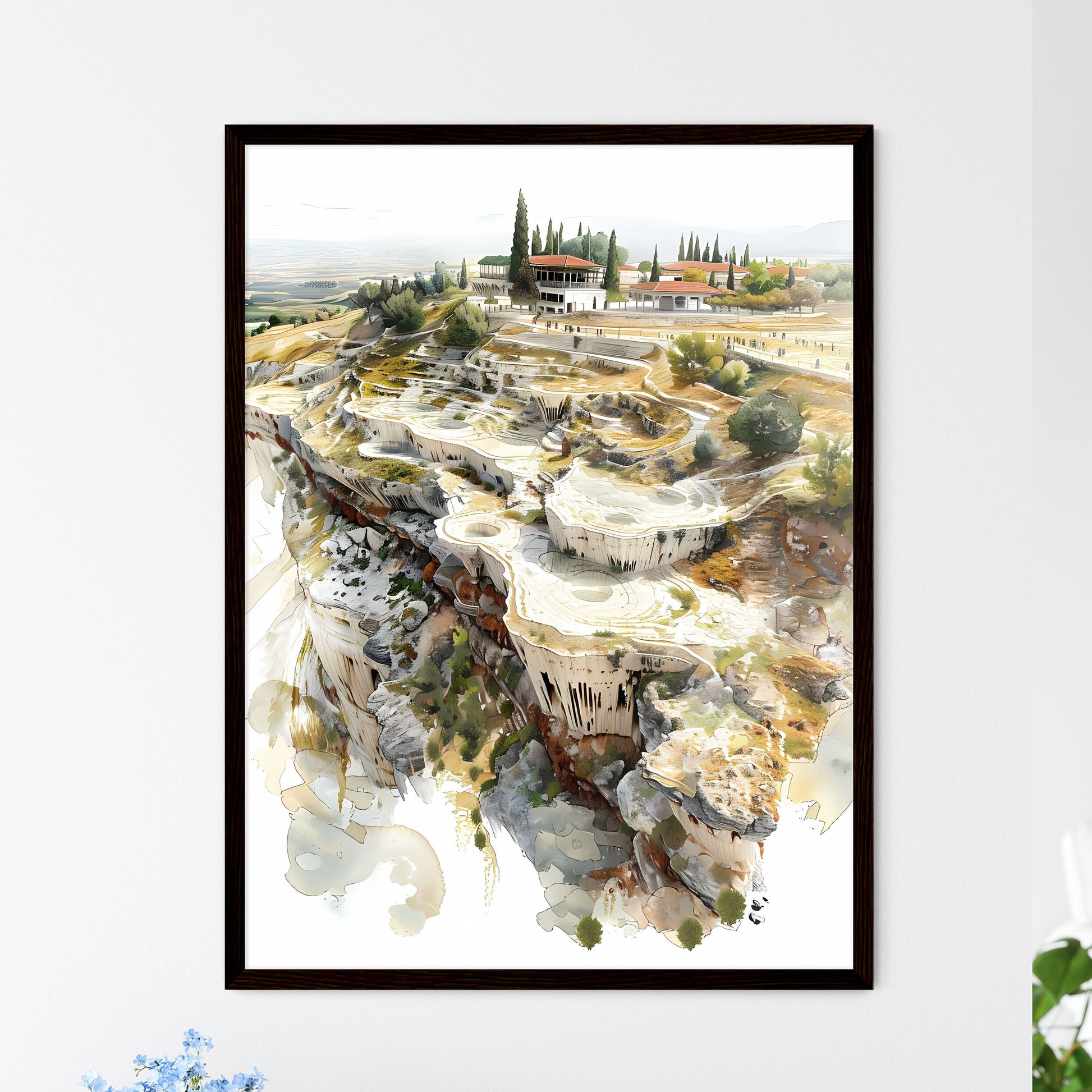 Tranquil Side-Angle Perspective of Pamukkale's Travertines with Hierapolis in Background, Painting-Inspired Illustration for Web Framed Art
