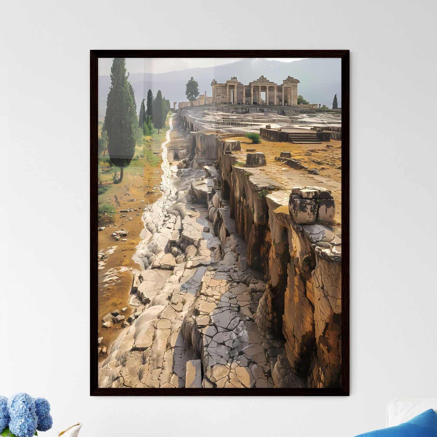Flat illustration side view majestic Pamukkale travertines landmark Hierapolis rocky cliff columns tree painting art vibrant Framed Art
