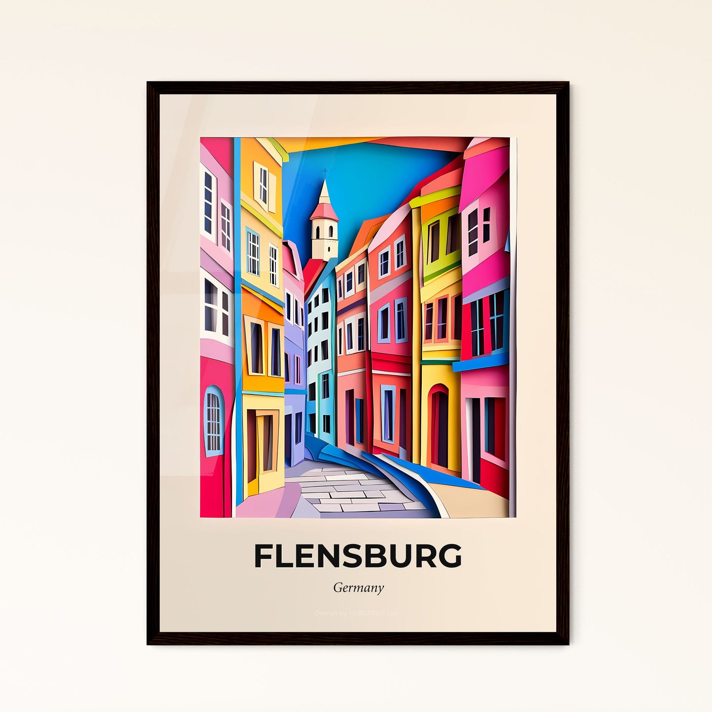 Vivid Flensburg, Germany - a painting of a street with a clock tower